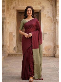 AMRUTKALA SAREES - Maroon Designer Cotton Silk Kanjivaram Woven Saree with Unstitched Blouse