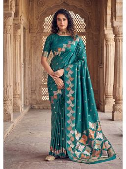 AMRUTKALA SAREES - Teal Designer Banarasi Silk Kanjivaram Woven Saree with Unstitched Blouse