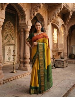 AMRUTKALA SAREES - Yellow Designer Banarasi Silk Kanjivaram Woven Saree with Unstitched Blouse