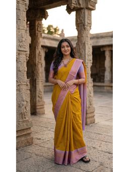 AMRUTKALA SAREES - Yellow Designer Banarasi Silk Kanjivaram Woven Saree with Unstitched Blouse