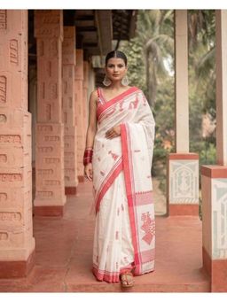 AMRUTKALA SAREES - White Designer Cotton Silk Kanjivaram Woven Saree with Unstitched Blouse