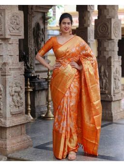 AMRUTKALA SAREES - Orange Designer Banarasi Silk Kanjivaram Woven Saree with Unstitched Blouse