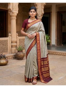 AMRUTKALA SAREES - Grey Designer Cotton Silk Kanjivaram Woven Saree with Unstitched Blouse