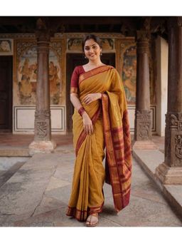 AMRUTKALA SAREES - Yellow Designer Cotton Silk Kanjivaram Woven Saree with Unstitched Blouse