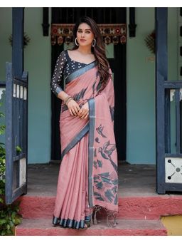 KVS FAB - Women Peach Linen Blend Printed Saree with Unstitched Blouse