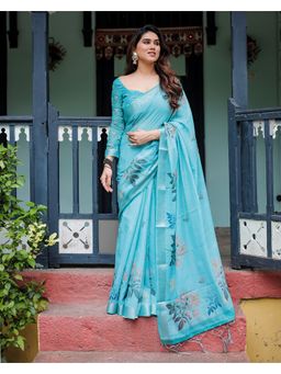 KVS FAB - Women Blue Linen Blend Floral Saree with Unstitched Blouse