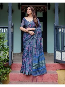 KVS FAB - Women Blue Linen Blend Floral Saree with Unstitched Blouse