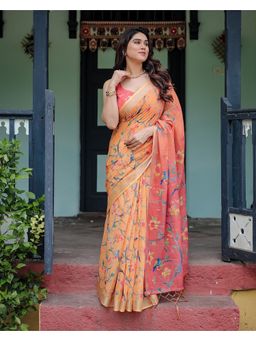 KVS FAB - Women Orange Linen Blend Floral Saree with Unstitched Blouse