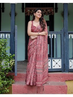 KVS FAB - Women Maroon Linen Blend Floral Saree with Unstitched Blouse