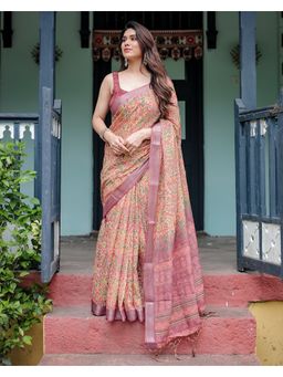 KVS FAB - Women Multi-Color Linen Blend Saree with Unstitched Blouse