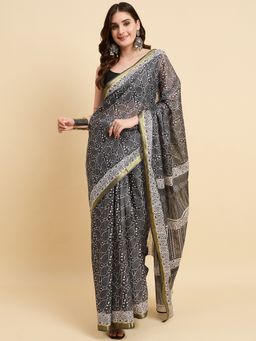 KVS FAB - Women Black Cotton Blend Geometric Saree with Unstitched Blouse
