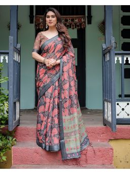 KVS FAB - Women Black Linen Blend Printed Saree with Unstitched Blouse