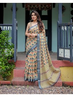 KVS FAB - Women Mustard Linen Blend Floral Saree with Unstitched Blouse