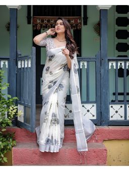 KVS FAB - Women White Linen Blend Floral Saree with Unstitched Blouse
