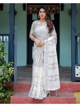 KVS FAB - Women White Linen Blend Stripes Saree with Unstitched Blouse