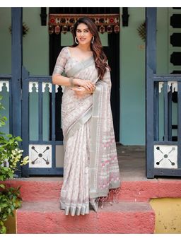 KVS FAB - Women Grey Linen Blend Geometric Saree with Unstitched Blouse