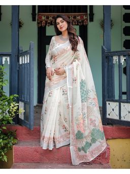 KVS FAB - Women White Linen Blend Floral Saree with Unstitched Blouse