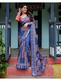 KVS FAB - Women Navy Blue Linen Blend Geometric Saree with Unstitched Blouse
