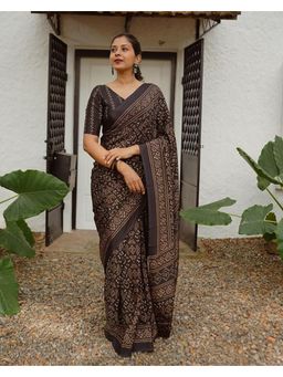 KVS FAB - Women Brown Linen Blend Saree with Unstitched Blouse