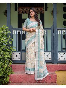 KVS FAB - Women White Linen Blend Floral Saree with Unstitched Blouse