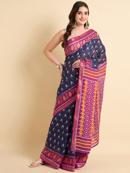 KVS FAB - Women Blue Cotton Blend Geometric Saree with Unstitched Blouse