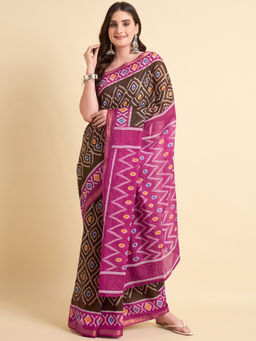 KVS FAB - Women Brown Cotton Blend Geometric Saree with Unstitched Blouse