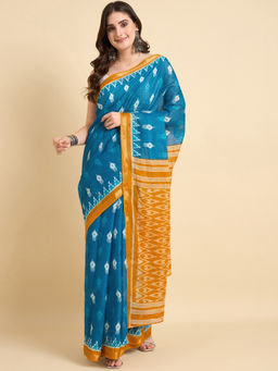 KVS FAB - Women Turquoise Cotton Blend Geometric Saree with Unstitched Blouse