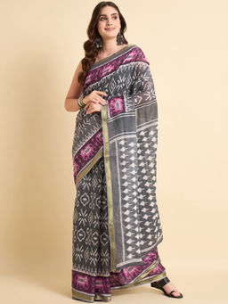 KVS FAB - Women Grey Cotton Blend Geometric Saree with Unstitched Blouse