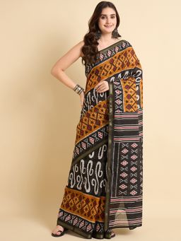 KVS FAB - Women Black Cotton Blend Geometric Saree with Unstitched Blouse