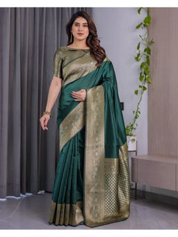 KVS FAB - Women Green Silk Woven Saree with Unstitched Blouse