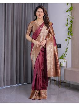 KVS FAB - Women Maroon Silk Woven Saree with Unstitched Blouse