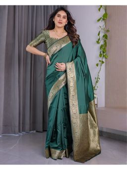 KVS FAB - Women Green Silk Woven Saree with Unstitched Blouse