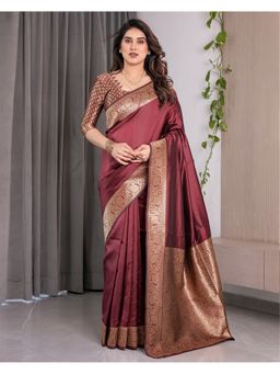 KVS FAB - Women Maroon Silk Woven Saree with Unstitched Blouse