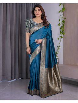 KVS FAB - Women Teal Silk Woven Saree with Unstitched Blouse