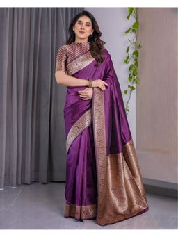 KVS FAB - Women Wine Silk Woven Saree with Unstitched Blouse