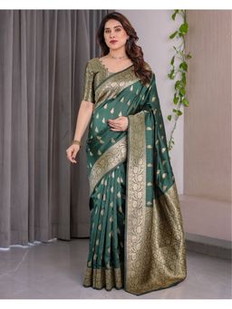 KVS FAB - Women Green Silk Woven Saree with Unstitched Blouse