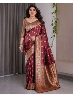 KVS FAB - Women Maroon Silk Woven Saree with Unstitched Blouse