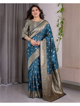KVS FAB - Women Teal Silk Woven Saree with Unstitched Blouse