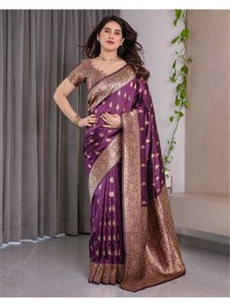 KVS FAB - Women Wine Silk Woven Saree with Unstitched Blouse