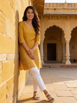 Rangita - Women Mustard Rayon Printed Straight Knee Length Kurta