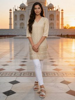 Rangita - Women Cream Rayon Printed Straight Knee Length Kurta