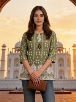 Rangita - Women Green Rayon Printed A-Line Short Length Short Kurta