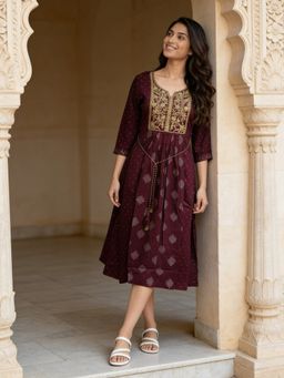 Rangita - Women Maroon Rayon Embroidered Flared Calf Length Dress with Belt