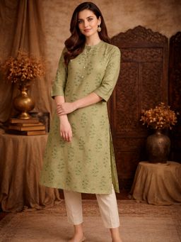 Rangita - Women Green Poly Viscose Printed Straight Calf Length Kurta