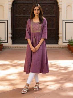 Rangita - Women Mauve Poly Viscose Embroidered Anarkali Calf Length Kurta