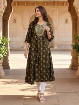 Rangita - Women Olive Poly Viscose Embroidered Anarkali Calf Length Kurta