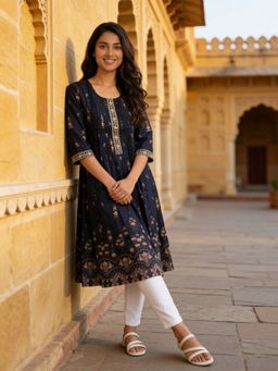 Rangita - Women Blue Poly Viscose Embroidered Anarkali Calf Length Kurta