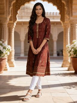 Rangita - Women Maroon Poly Viscose Embroidered Anarkali Calf Length Kurta