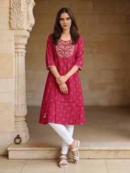 Rangita - Women Pink Poly Viscose Embroidered Anarkali Calf Length Kurta