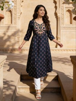 Rangita - Women Blue Poly Viscose Embroidered Anarkali Calf Length Kurta